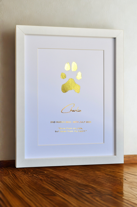 Framed print with gold paw print and name 'Charlie' on a white card