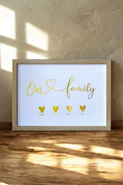 Framed Personalised “Our Family” Print – Names & Icons Foil Art