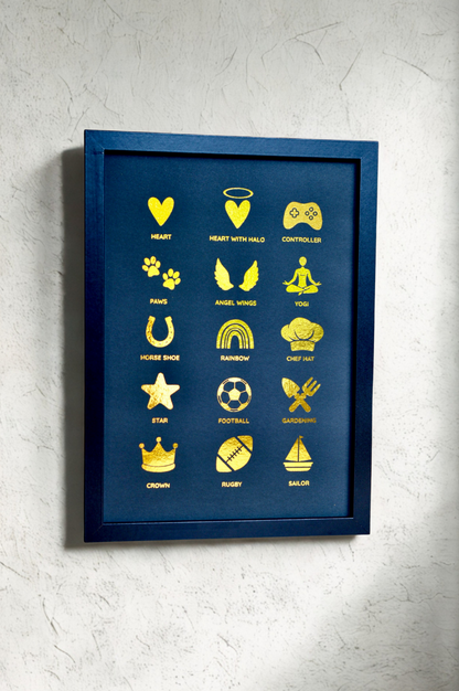Framed Personalised “Our Family” Print – Names & Icons Foil Art