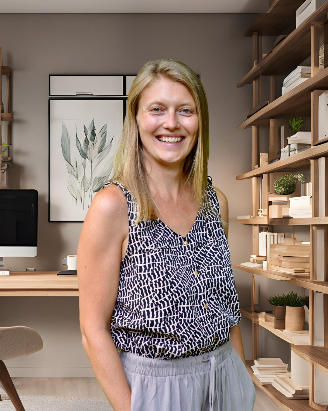 Anna standing in a home office with shelves and decor