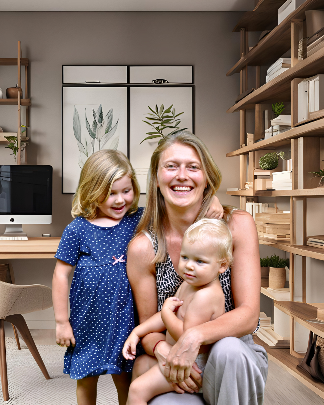 Anna with  her two children in her home office