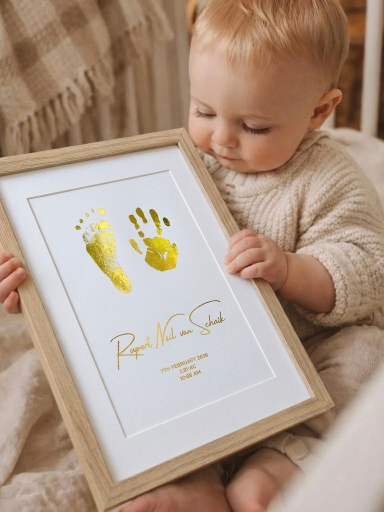 Gerahmtes Baby Hand- & Fußabdruck Erinnerungsset – (mit farblosem Stempelkissen)
