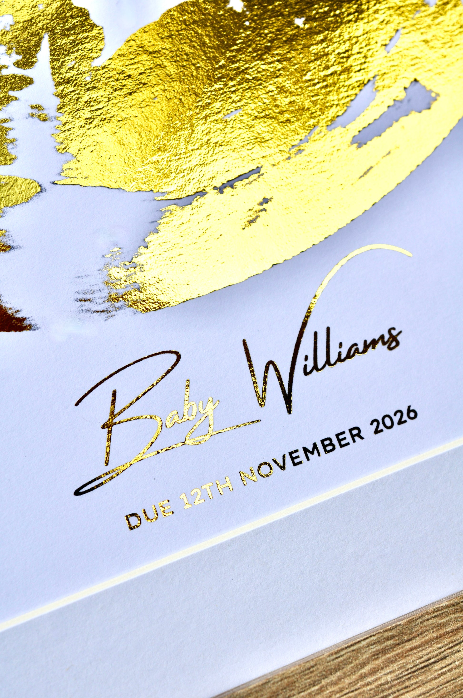 Baby Pregnancy Ultrasound with in gold foil with name and due date  'Baby on white background.