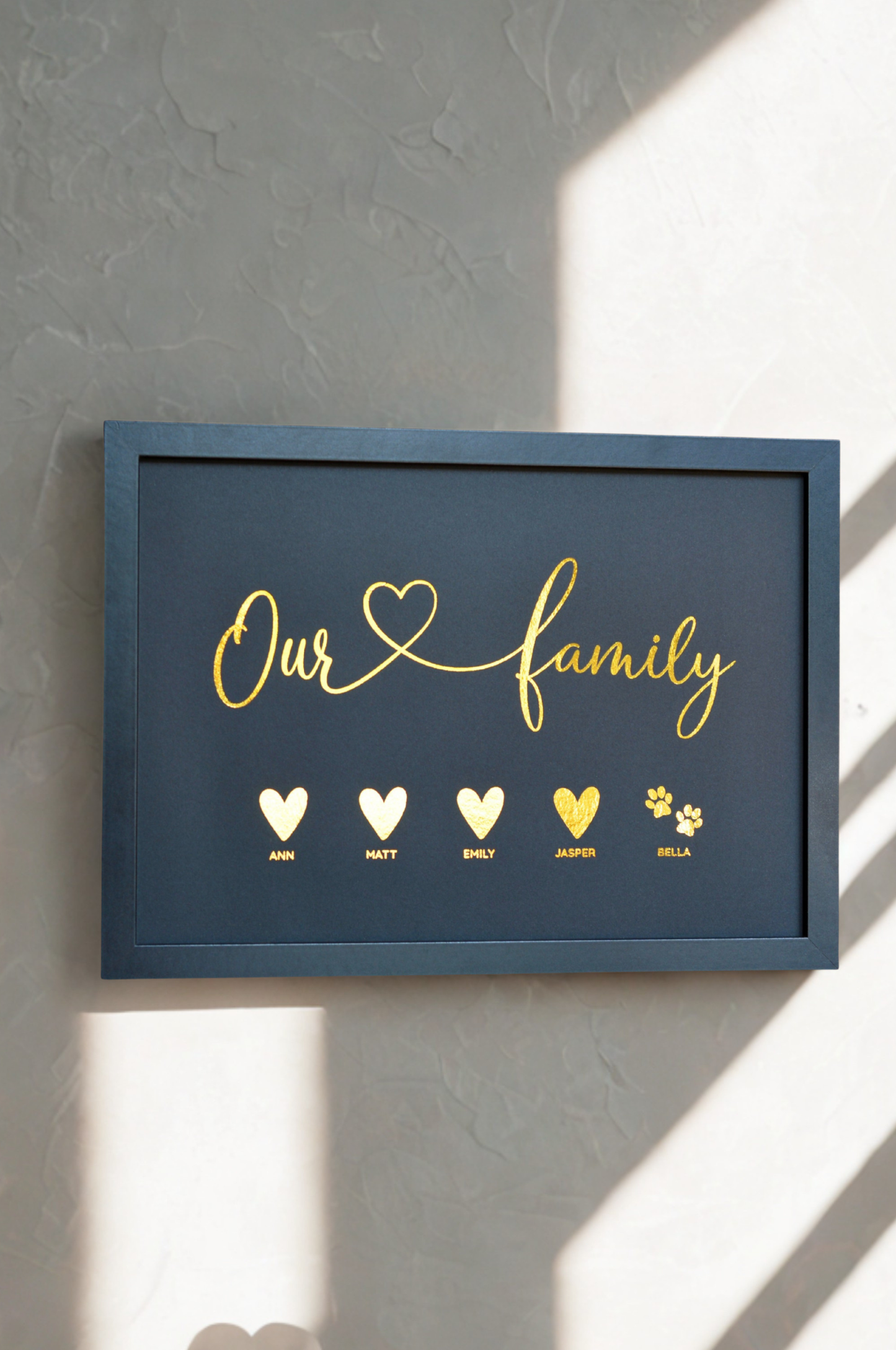 Framed Personalised “Our Family” Print – Names & Icons Foil Art