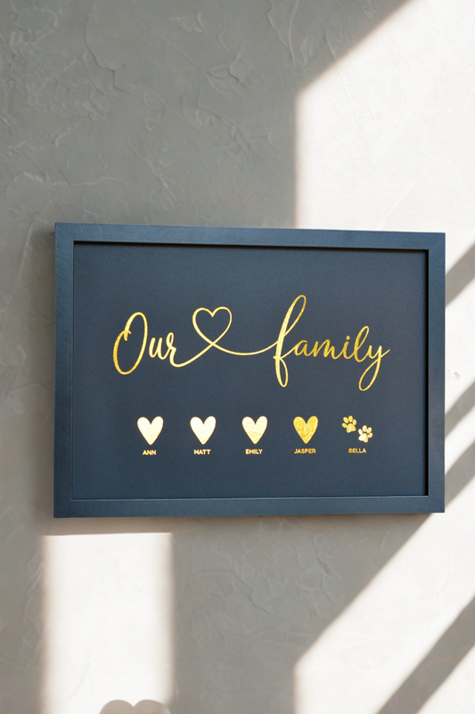 Framed Personalised “Our Family” Print – Names & Icons Foil Art