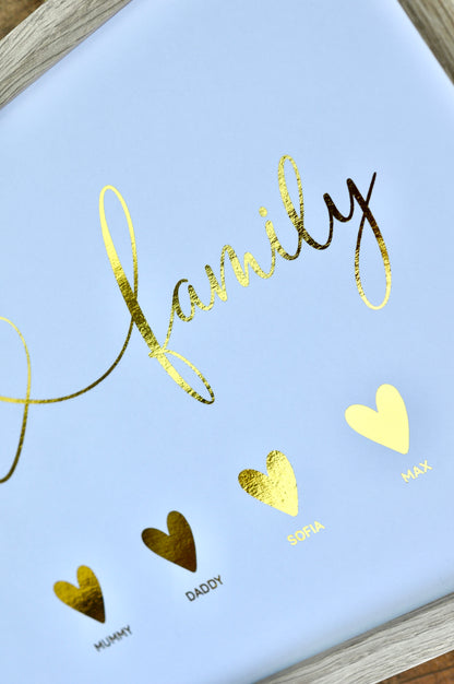 Framed Personalised “Our Family” Print – Names & Icons Foil Art