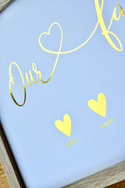 Framed Personalised “Our Family” Print – Names & Icons Foil Art