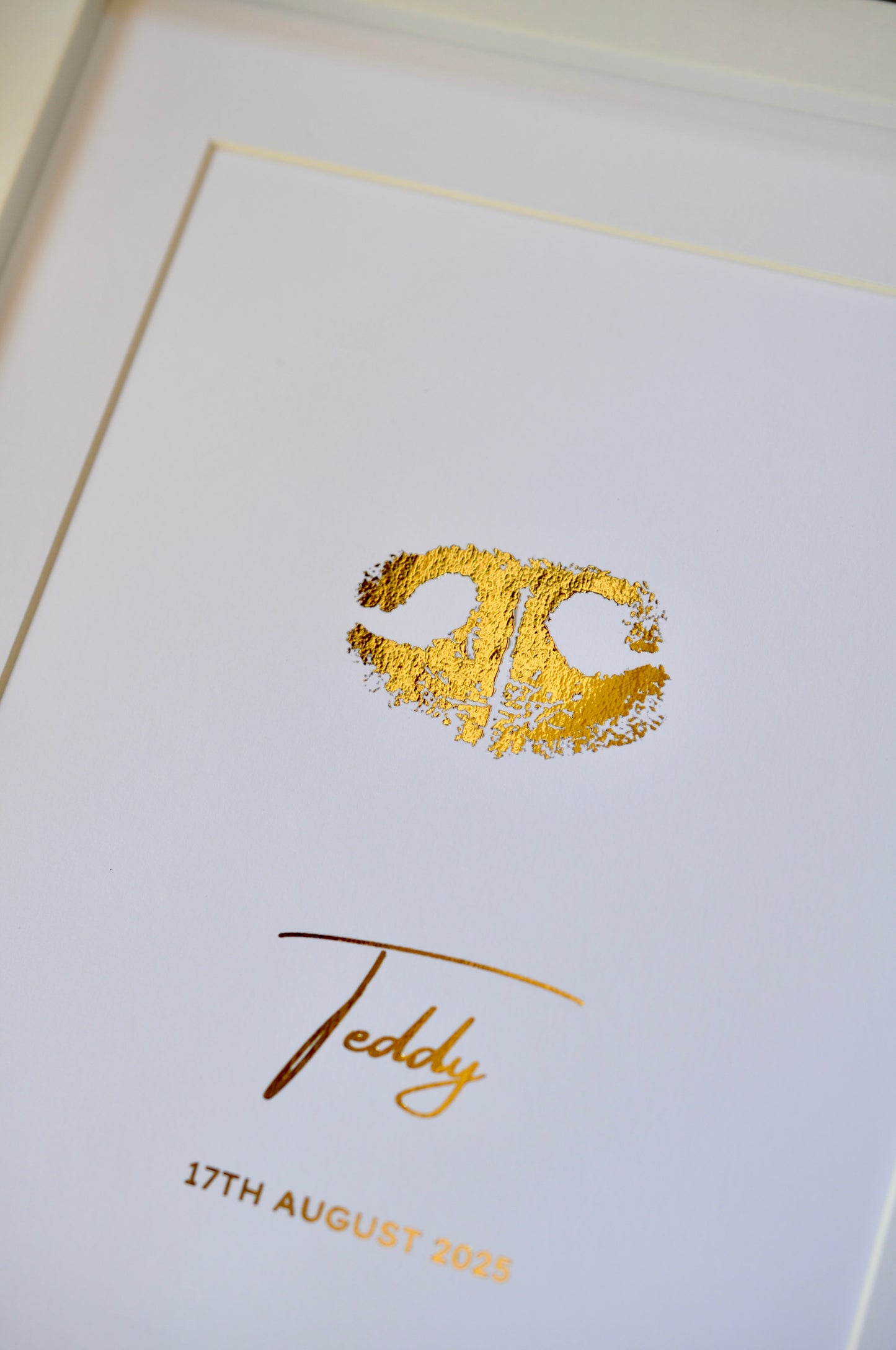 Dog Nose Print in gold foil on white card with name and date