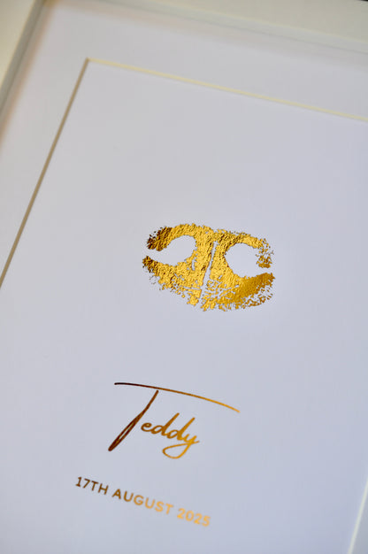 Dog Nose Print in gold foil on white card with name and date