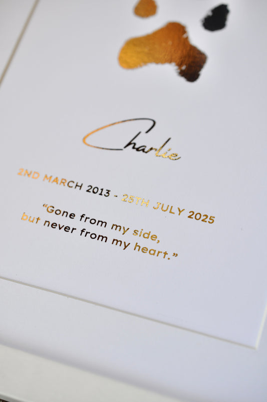 Memorial card with 'Charlie' and dates printed on a white background