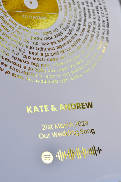 Personalized wedding gift with gold text and Spotify logo on a white background