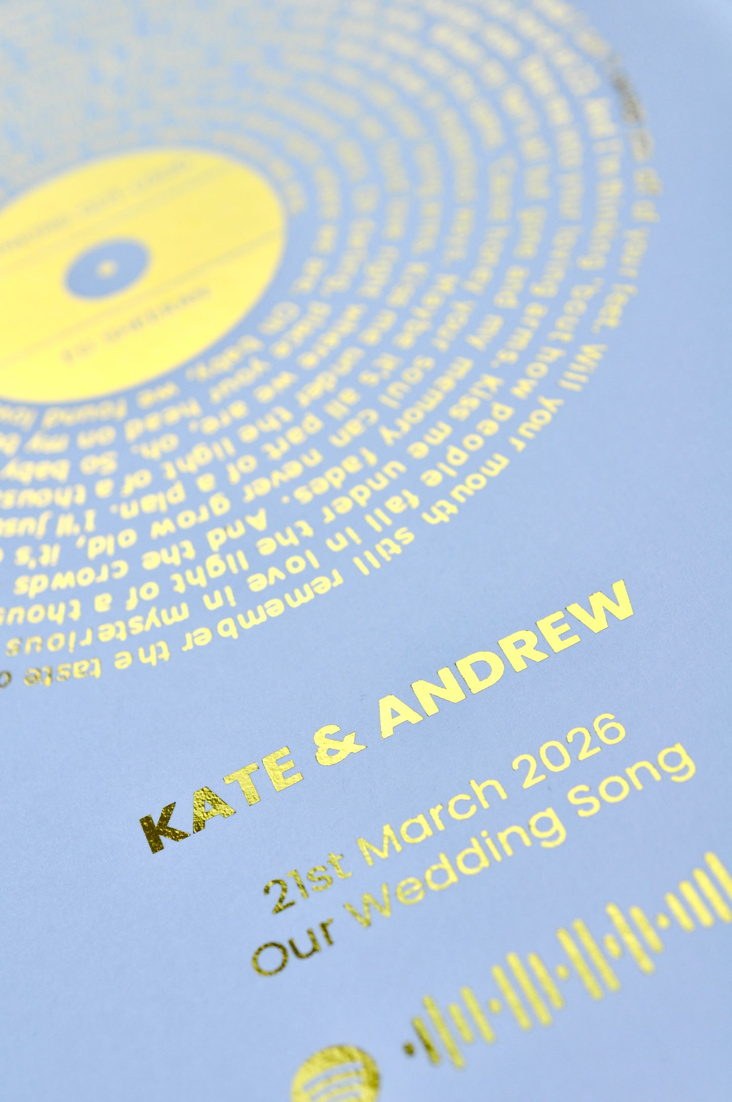 Personalized wedding song print with gold text on a white background