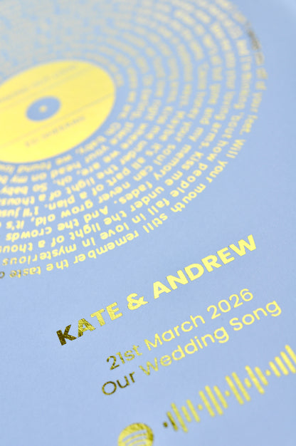 Personalized wedding song print with gold text on a white background