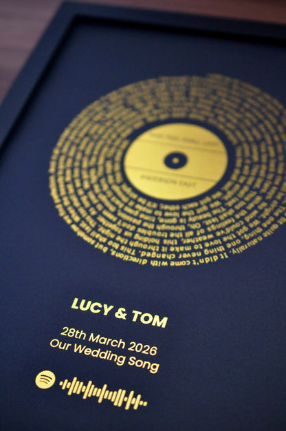 Personalized wedding gift with gold text on a black background