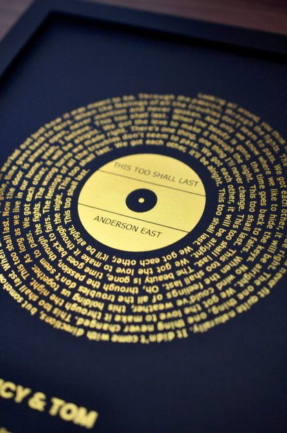 Personalized vinyl record design with text on a black background