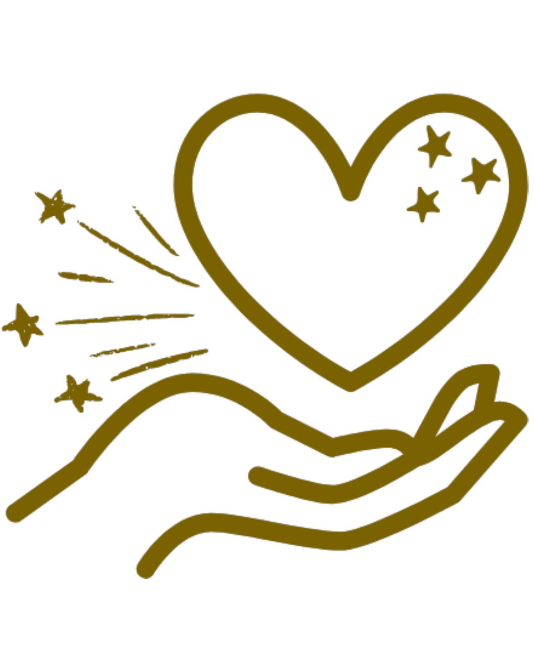 Illustration of a hand holding a heart with stars around on a white background