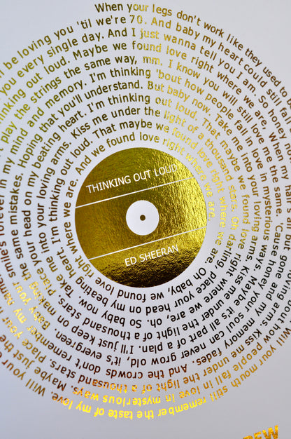 Gold record with 'Thinking Out Loud' by Ed Sheeran on a white background with text.